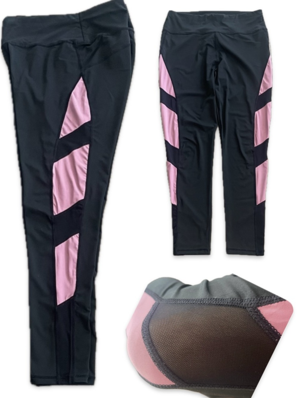 Black Pink Colorblock Mesh Insert Athletic Workout Leggings L